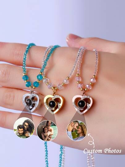 Collares personalizados con colgante en forma de corazón y redondo con proyección de foto | Diseño de cadena con cuentas | Cuentas de cristal multicolor | Joyería personalizada de recuerdos | Regalo ideal para el Día de San Valentín, aniversario y uso diario | Opciones de oro, plata y oro rosa