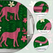Pink Leopard Floral Shower Curtain On Green Background - White - View 4