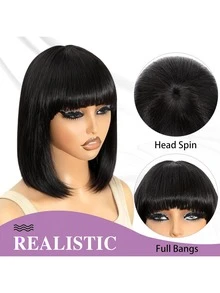 ZHENDEFA Peluca corta y ondulada sin flequillo, sin banda frontal, sin costuras, con una densidad del 180%, color natural, adecuada para mujeres, cabello brasileño liso con trama de máquina, conveniente y rápida - SNatural - Ver 4