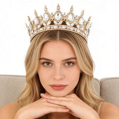 1pc Multi-Color Baroque Style Crystal Large Round Crown, Alloy Rhinestone Bridal Crown Designed For Women, Suitable For Birthday Cake Decoration, Wedding Cake Decoration, Bouquet Decoration, Runway, Pageant And Other Important Occasions Decorative Party Headpiece Crown