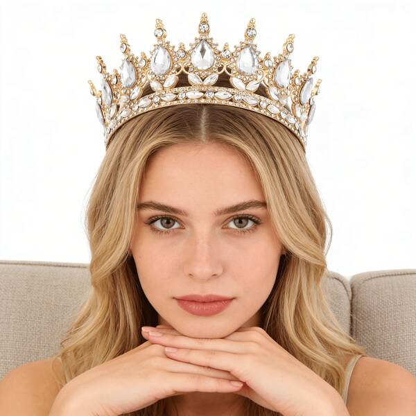 1pc Multi-Color Baroque Style Crystal Large Round Crown, Alloy Rhinestone Bridal Crown Designed For Women, Suitable For Birthday Cake Decoration, Wedding Cake Decoration, Bouquet Decoration, Runway, Pageant And Other Important Occasions Decorative Party Headpiece Crown