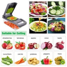Picadora de verduras manual multifunción 14 en 1 con embudo y cesta, para rebanar, rallar, picar - Herramienta de cocina - Multicolor - Ver 5