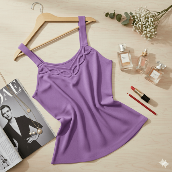 Blusa regata feminina, com alças grossas não reguláveis e detalhe trançado na frente.