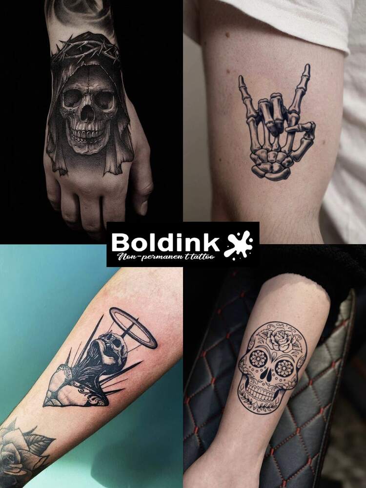 Boldink 2片装酷炫骷髅骨系列装饰性防水临时纹身贴纸，持久1-2周，果汁纹身贴纸，秋冬季身体及手指装饰的理想之选，男女皆宜，潮流达人必备 - 黑色 - 查看 1