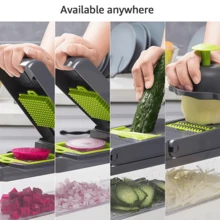 Picadora de verduras manual multifunción 14 en 1 con embudo y cesta, para rebanar, rallar, picar - Herramienta de cocina - Multicolor - Ver 6