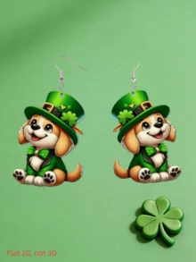 2D Adorable Puppy Pendant Earrings, Irish Holiday Clover Acrylic Earrings, Dog Lover Gift, Classic Holiday Party Gift, Birthday Gift, Girlfriend Gift - Puppy - View 3
