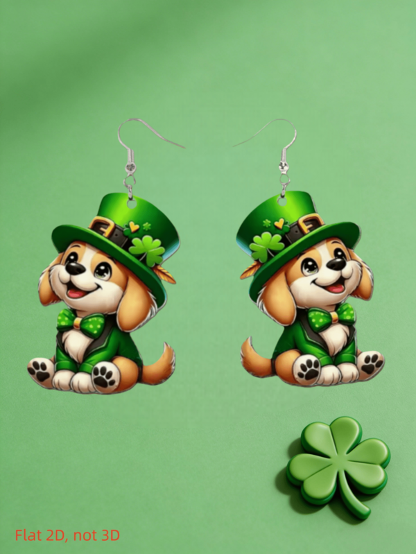 2D Adorable Puppy Pendant Earrings, Irish Holiday Clover Acrylic Earrings, Dog Lover Gift, Classic Holiday Party Gift, Birthday Gift, Girlfriend Gift