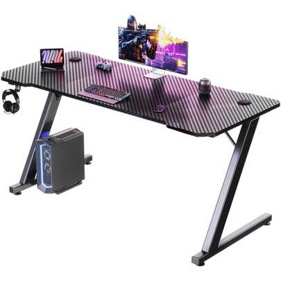 DEVOKO Gaming Desk, Computer Desk With Carbon Fiber Surface, Gaming Table Z Shaped PC Gaming Workstation Home Office Desks With Cup Holder And Headphone Hook Black