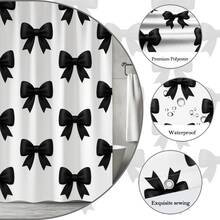 Black Bow Shower Curtain On White Background, Decorative Bath Curtain - White - View 4