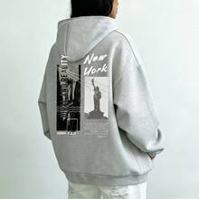 Sudadera con capucha para mujer, elegante top de poliéster de manga larga, sudadera de mujer versátil e informal, forro polar, estampado de Nueva York, hombros caídos, tela suave, cómoda y transpirable, ropa de calle de moda para todos los días, ideal para otoño e invierno. - Gris - Ver 2