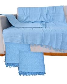 Set Of 2 Throws For Sofa Or Bed, 100% Cotton, Size 210x120, Decorative And Protective Cover For A New And Elegant Home - 淺藍色 - 查看 1