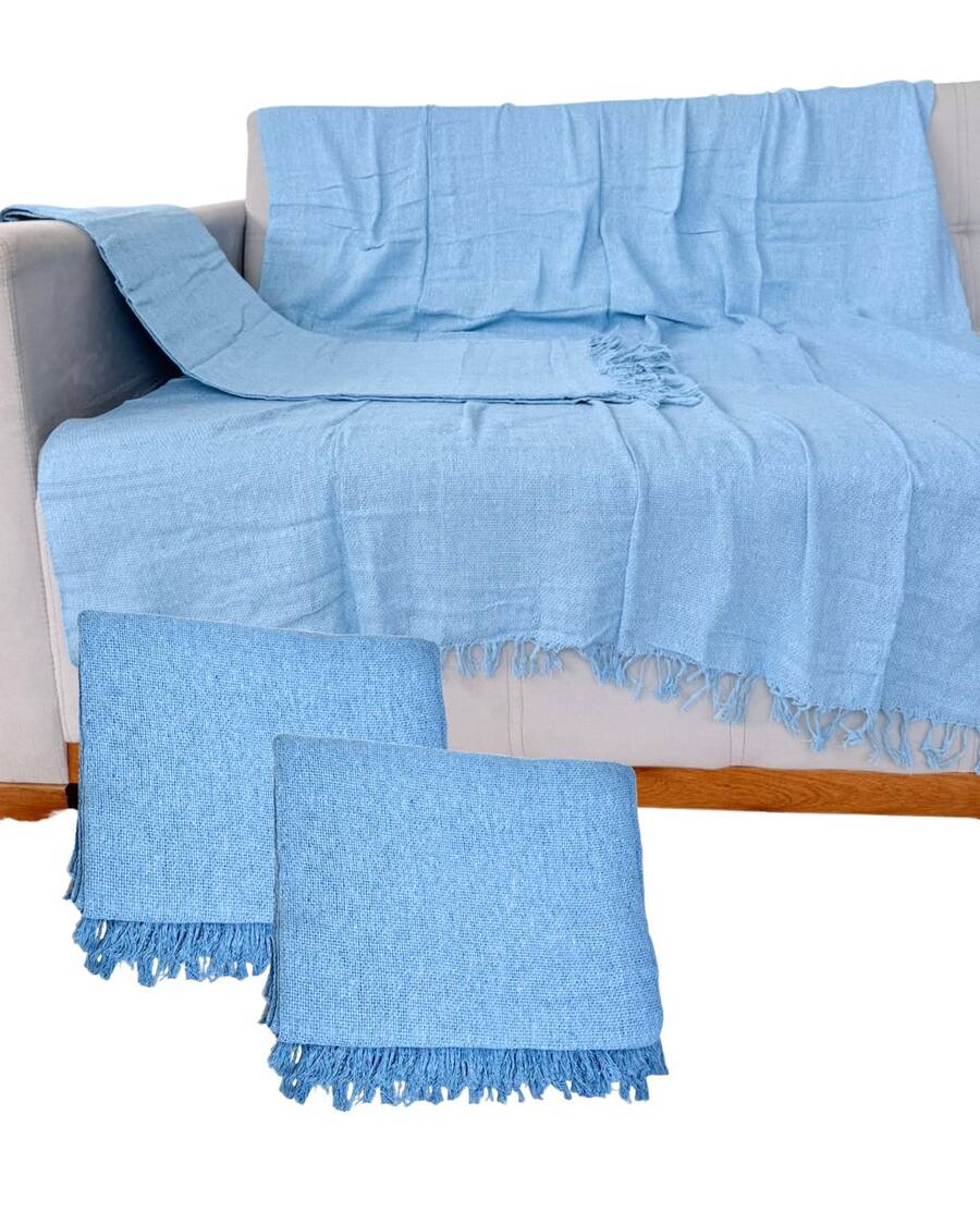 Set Of 2 Throws For Sofa Or Bed, 100% Cotton, Size 210x120, Decorative And Protective Cover For A New And Elegant Home - 淺藍色 - 查看 1