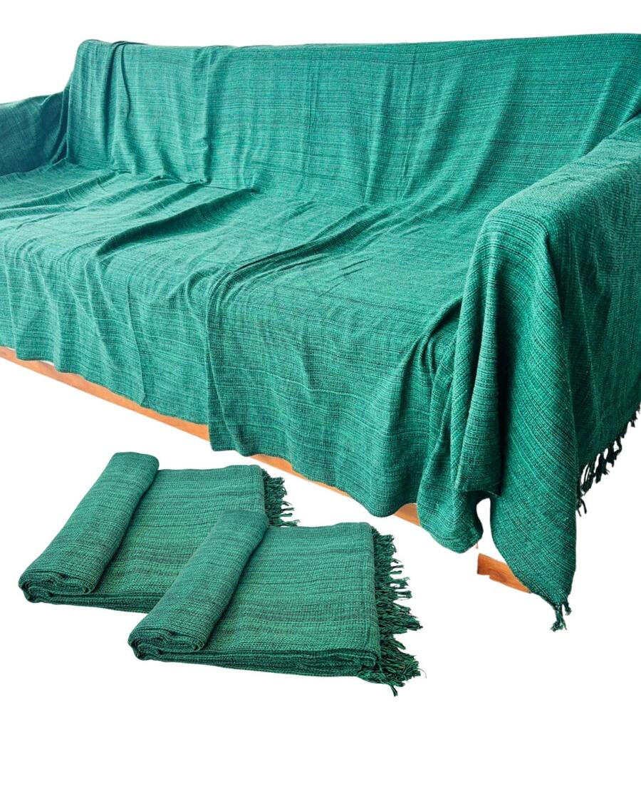 Set Of 2 Throws For Sofa Or Bed, 100% Cotton, Size 210x120, Decorative And Protective Cover For A New And Elegant Home - 綠色 - 查看 1
