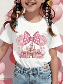 Disney Minnie Mouse Castle Printed Pattern T-Shirts For Girls - Children's Clothing Design Short-Sleeved Casual And Cute Style Comfortable And Casual Wear All Year Round Suitable For Parties And Play Machine Washable Gift Children's Clothing Girls' Short-Sleeved Shirts - trắng - Xem 1