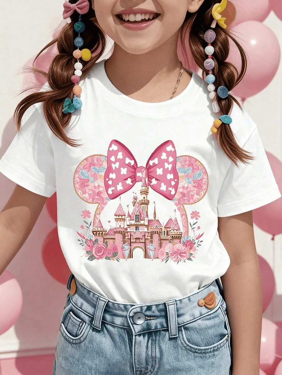 Disney Minnie Mouse Castle Printed Pattern T-Shirts For Girls - Children's Clothing Design Short-Sleeved Casual And Cute Style Comfortable And Casual Wear All Year Round Suitable For Parties And Play Machine Washable Gift Children's Clothing Girls' Short-Sleeved Shirts - trắng - Xem 1