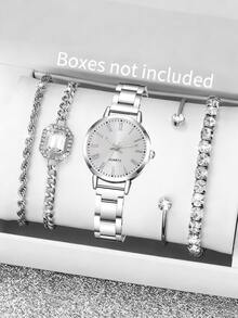 JasonRolls 5pcs/Set Silver Alloy Strap Women's Watch Set, Luxury & Versatile, Crystal-Embellished Classic Three-Eye Dial Quartz Watch Bracelet Set, Suitable For Daily Outfit Matching Or As Holiday Gift - Silver - View 8