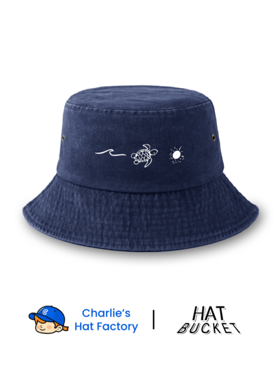 1 Pc Unisex Vintage Washed Bucket Hat - Minimalist Sea Turtle, Wave & Sun Line Art Graphic - Available In Navy Blue & Multi Colors - Soft Texture Packable Sun Hat For Beach Vacation & Outdoor Gift