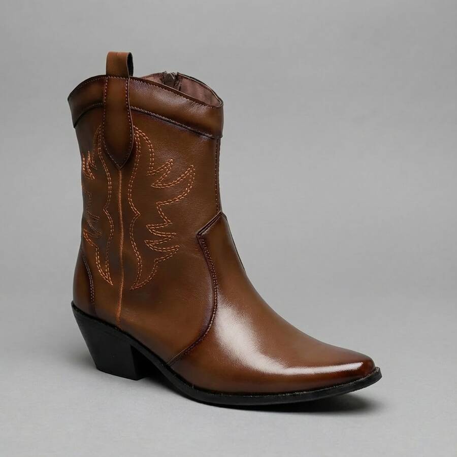 Women's Texan Boot Country Western Style Exclusive Model With Embroidered Detail Immediate Shipping - Rỉ Nâu - Xem 1