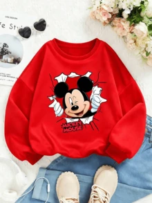 Disney Mickey Mouse Cartoon Pattern Print, Soft And Warm Girl Hoodie, Suitable For Girls' Daily Wear, Family Outings And Other Scenarios. - Red - View 1