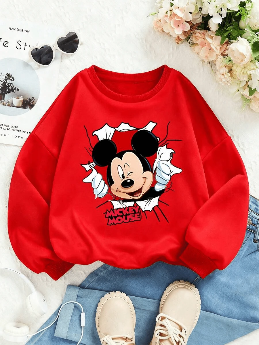 Disney Mickey Mouse Cartoon Pattern Print, Soft And Warm Girl Hoodie, Suitable For Girls' Daily Wear, Family Outings And Other Scenarios. - Red - View 1