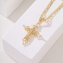 1 件时尚简约铜镶嵌闪亮不对称锆石和耶稣吊坠项链，适合送礼、情侣、朋友、日常佩戴和祈祷 - 金黃色 - 查看 6