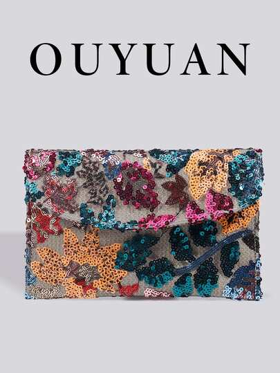 Cartera con parches bordados con lentejuelas de patrones aleatorios, cartera de embrague con solapa de color a contraste para mujer, bolso de noche bordado con flores, cartera de moda adecuada para fiesta, regalo, boda, vacaciones