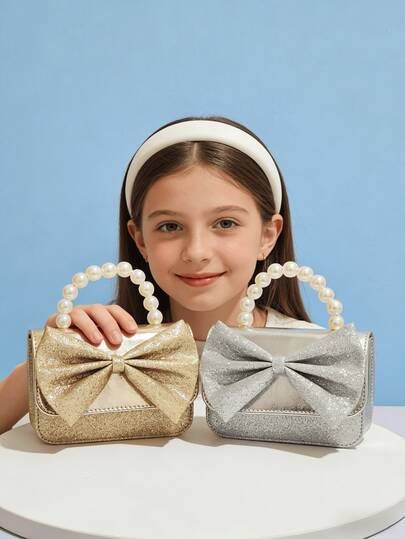 Girls' Children's New Faux Pearl Handbag, Holiday Gift, PU Leather Bow Fashionable Small Bag, Princess Stylish Coin Purse, Mini Bag, Gold, Silver, White, Pink