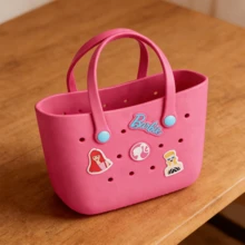 Miniso Barbie Sunshine Series Summer EVA Beach Basket Tote Bag, Hollow Handbag, Cartoon Cute Shoulder Bag, Lunch Bag, Perfect For Beach, Travel And Holiday Essentials - Hot Pink - View 8