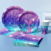 1 Set Iridescent Fish Scale Disposable Plates, Napkins And Cups, Serves 8 Guests, Suitable For Birthday, Wedding, Party, Family Picnic - Multicolor - View 3