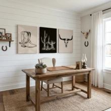 3件套西部牛仔帆布墙画 – 牛头骨、仙人掌和靴子黑白印花，现代简约风格，适用于客厅、卧室和办公室，可选配画框 - 彩色 - 查看 9