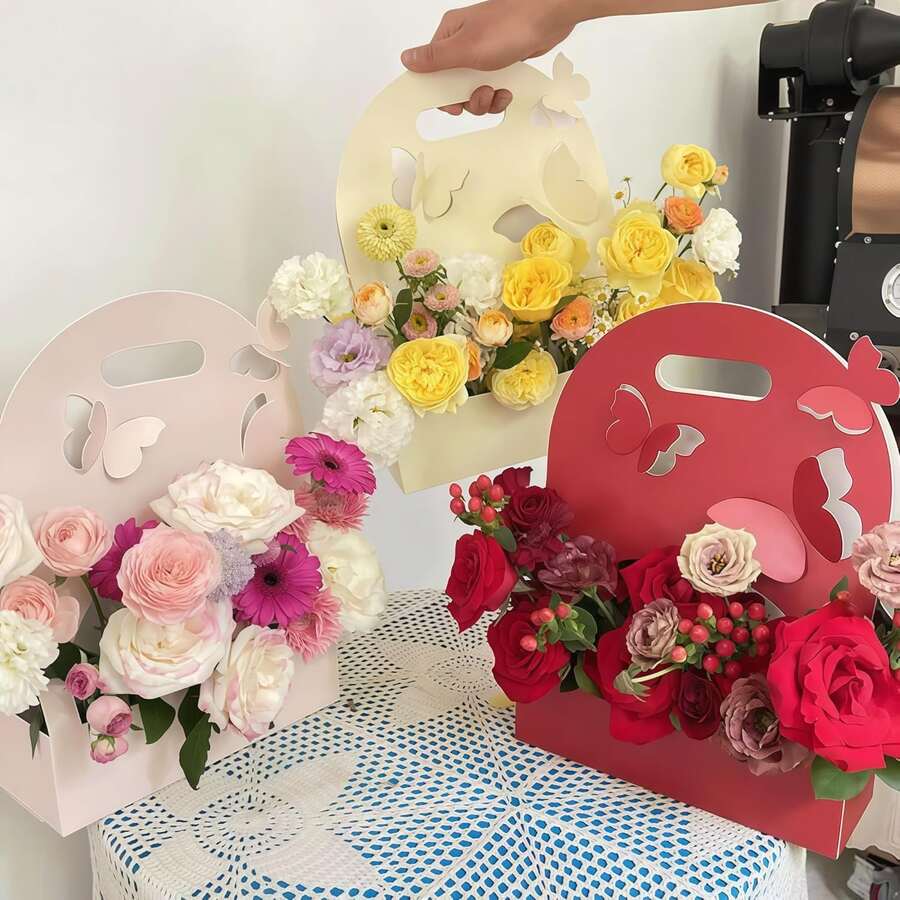 1/3/5入 手提花盒 紙蝴蝶花盒 花藝包裝袋 花禮盒 情人節生日禮物 DIY手工花束包裝盒 適合情侶、老師、父母、搬家、宴會、派對、婚禮花束禮物 - 紅色 - 查看 1