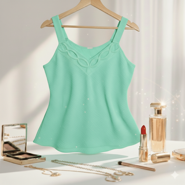 Blusa regata feminina, com alças grossas não reguláveis e detalhe trançado na frente.