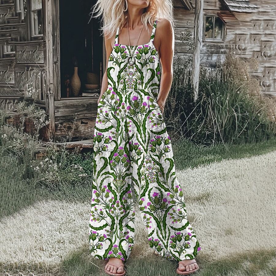 (Free Shipping!!!) 2026 Women's New Arrival White & Green Vine Floral Print Spaghetti Strap Wide Leg Elastic Waist Bohemian Pastoral Vintage Casual Jumpsuit - 綠色 - 查看 1