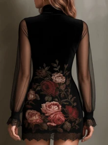 Dresses For Women Sweater Dress Women Vestidos De Invierno Mujer Vestidos De Mujer Christmas Outfit Women Vestidos Elegantes De Mujer Sexy Lace Lace Patchwork Dress, Floral Print Mesh Design, Hip-Hugging Short Skirt,It Is Suitable For All Seasons And Can Be Worn For Outings. It Is Suitable For Cocktail Parties, Parties, Christmas, Nightclubs, Banquets, Film Festivals, Cinemas, Dances, Cocktail Parties, Bars, Weddings, Graduation Ceremonies, Back-To-School Events, Birthday Parties, Rebellious Girls, Festival-Themed Parties, Outings, Street Fashion, Fashion Shows, Dates, Valentine's Day, Going Out To Work At University, Schools, Villages, Concerts, Street Girls, Young Ladies, Country Outfits For Women, The Best For Women When Going Out, Women's Vacation Clothing, Country Music Concerts, Country Concert Outfits, New Year's Outfits For Women - 黑色 - 查看 2