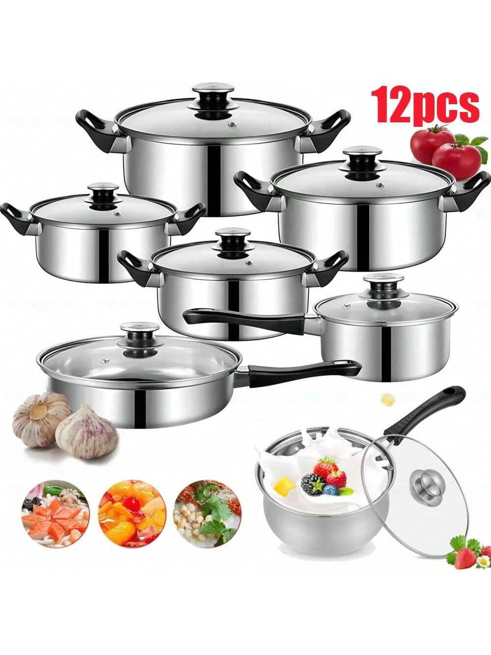 12PCS Non Stick Stainless Steel Cookware Saucepans Cooking Pots Pan With Lids Set And Spatula, Suitable For Home, Accommodation, Dinner Parties, Camping