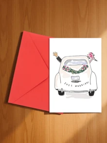 1pc Classic Car Illustration Newlywed Congratulations Card, Cartoon Animal Theme, Paper Material, Versatile For Bride & Groom - Sets - View 12