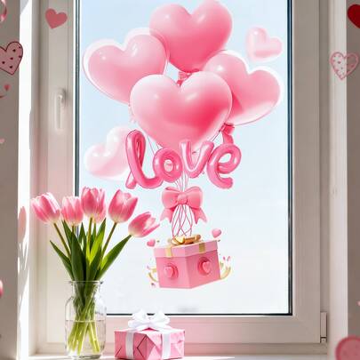 1 لفة من ملصقات زجاج الباب والنافذة الشفافة ذات الامتصاص الكهروستاتيكي لعيد الحب، بنقوش بالونات الحب والورود، ديكور نافذة منزلي يومي، بدون لصق