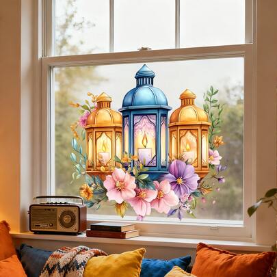 1 Volumen 2D Ramadán, Guía de Estrellas y Luna, Luces Brillantes, Muebles del Hogar, Dormitorio, Sala de Estar, Embellecimiento del Hogar, Adhesión Electroestática Removible, Arreglo Decorativo Transparente, Pegatinas para Ventanas, Sin Adhesivo