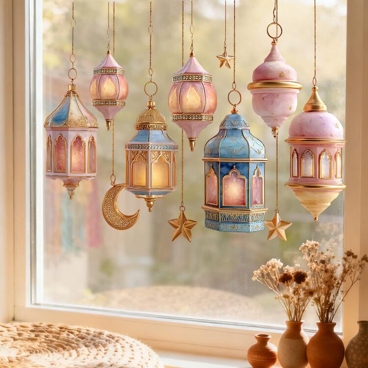 1 Roll 2D Retro Ramadan Glass Door And Window Decoration Stickers, Middle East Stars, Moon, Living Room, Holiday Beautification Decoration, Electrostatic Adsorption Paper, Window Stickers - Ramadan - View 10