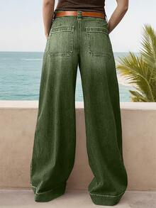 Wide Leg Stretch Jeans - Comfortable, Soft, And Breathable For Casual Wear Denim Womenswear - màu xanh lá - Xem 4