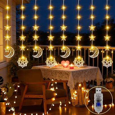 1pc 80LED Moon And Star Eid Al-Fitr Light String, Warm Light Home Decoration Light String, Crescent Moon And Star Shape Light String, Hanging Fairy Light String, 8 Modes, Suitable For Party, Ramadan, Valentine's Day, New Year Atmosphere Light, Outdoor Light String