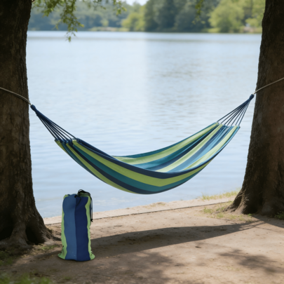 Blue-Green Striped Camping Hammock | Portable & Tear-Resistant Outdoor Relaxation Essential