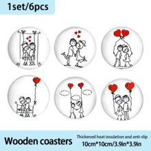 Minimalist Hand-Painted Couple Theme Coasters, Depicting Romantic Everyday Moments Like Swinging, Holding Hands, Hugging, And Sitting On A Bench, Using Simple Black Lines And Vibrant Red Heart Elements (Balloons, Floating Hearts). The Minimalist Black And White Line Art With Striking Red Hearts Conveys A Pure, Sweet Atmosphere Of Love. - Wooden Board-circle Coaster - View 9