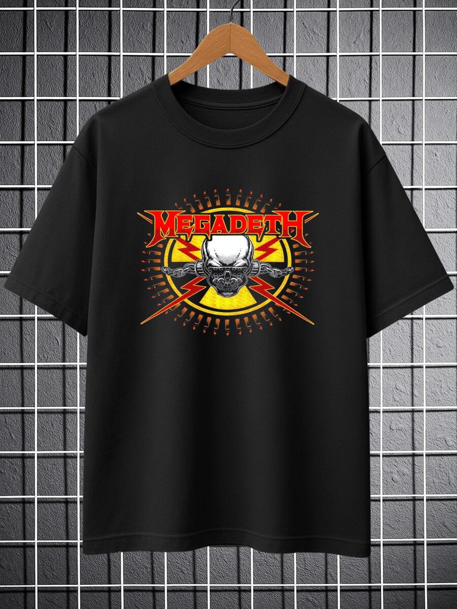 Camiseta Megadeth Banda Rock Esqueleto Caveira Logo Camisa Blusa Unissex Masculino Feminino 100% Algodão Top Premium Streetwear Lançamento Envio Imediato Preto Branco!! Plus Size - Preto - Visão 1