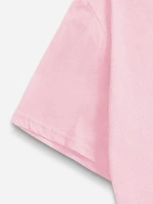 女士休闲T恤，时尚百搭的露肩设计，简约优雅的休闲风格，适合日常穿着，粉色夏季款，印有英文/鱼/鞋图案 - 粉色 - 查看 3