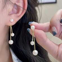 1 par de pendientes de perlas con borlas, pendientes de lujo de alta gama, pendientes de estilo francés versátiles para mujeres, nueva llegada 2026 - Dorado - Ver 7