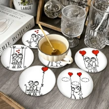 Minimalist Hand-Painted Couple Theme Coasters, Depicting Romantic Everyday Moments Like Swinging, Holding Hands, Hugging, And Sitting On A Bench, Using Simple Black Lines And Vibrant Red Heart Elements (Balloons, Floating Hearts). The Minimalist Black And White Line Art With Striking Red Hearts Conveys A Pure, Sweet Atmosphere Of Love. - Wooden Board-circle Coaster - View 3