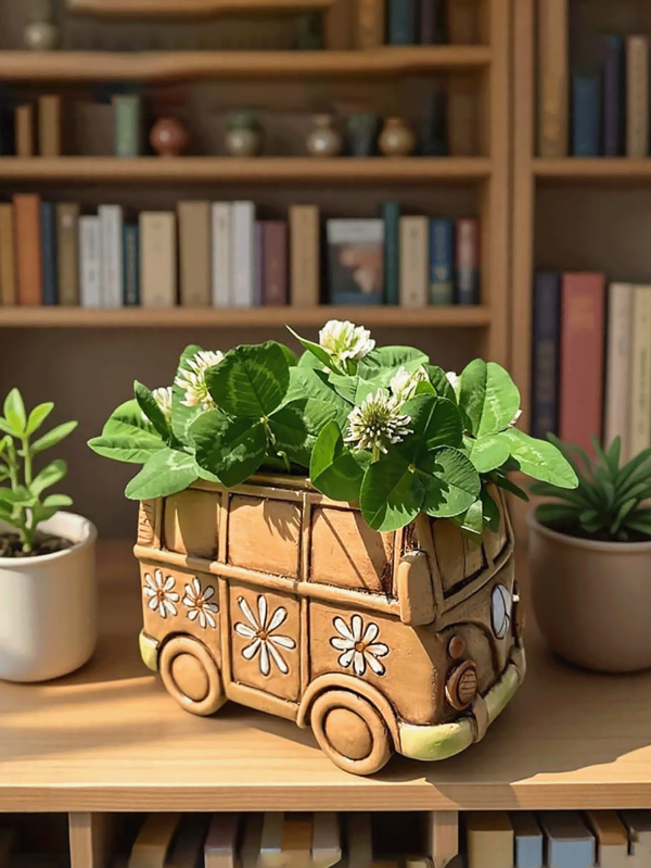 Vintage Car Shaped Succulent Plant Pot. Cute, Compact And Interesting Planter. Unique Resin Made Planter, Suitable For Home And Desk Decor (Brown-Yellow Color)