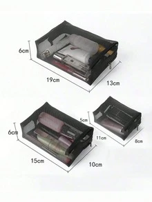 1/2/3pcs Set Black Minimalist Nylon Mesh Makeup Bag, Large Capacity Travel Makeup Organizer Box, Transparent Essential Cosmetic Storage Zipper Pouch, Nail Bag, Makeup Bag, Toiletry Bag, Desktop Organizer - Black - View 5