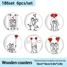 Minimalist Hand-Painted Couple Theme Coasters, Depicting Romantic Everyday Moments Like Swinging, Holding Hands, Hugging, And Sitting On A Bench, Using Simple Black Lines And Vibrant Red Heart Elements (Balloons, Floating Hearts). The Minimalist Black And White Line Art With Striking Red Hearts Conveys A Pure, Sweet Atmosphere Of Love. - Wooden Board-circle Coaster - View 10